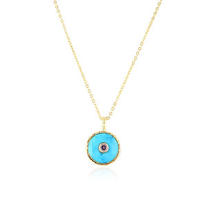 Luxury jewelry blue turquoise gemstone round pendant necklace 18k gold plated designer texture collet frame pendant necklace - Product Image 6