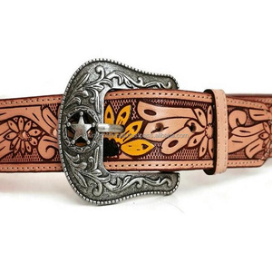 Personalized Hand <b>Tooled</b> Floral Pattern Tan Finish Western <b>Leather</b> <b>Tooling</b> <b>Belt</b> for Men with Removable Floral Brass Buckle - Product Image 3