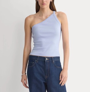 Women's Asymmetric 100% Cotton Knitted Rib Textured <b>One</b> Shoulder Tank <b>Top</b> Solid Light Blue Color Breathable Quick Dry - Product Image 2