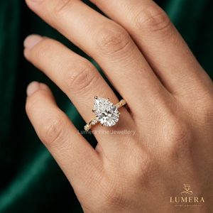 Anillos de oro clásicos con diamantes para compromiso, boda o aniversario, corte pera, oro macizo, corte redondo brillante, joyería fina especial para mujer - Product Image 6