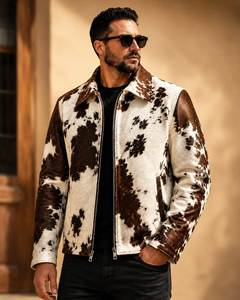 Veste en cuir de vache véritable pour homme, imprimé animal, col rabattu, fermeture éclair, vêtements d'hiver - Product Image 2