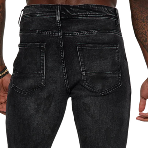 Jeans Negros para Hombre, Corte Regular, Mezclilla Elástica, Efecto Lavado Medio, Cinco Bolsillos Clásicos, Estilo Desgastado, Moda Urbana, Uso Diario - Product Image 4