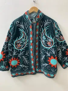 Handcrafted <b>Women</b> Floral Embroidered Dark Green Velvet <b>Jacket</b> Suzani Paisley Motif Front Open Short Coat Boho Cardigan Outerwear - Product Image 2
