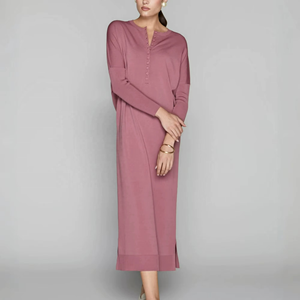 เดรสยาวผู้หญิงผ้าถักน้ำหนักเบาหรูหรา กระดุมแถวเดียว แขนยาว สีพื้นตามสั่ง ผ้าฝ้ายรักษ์โลก เอวธรรมชาติ - Product Image 1