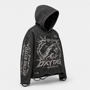 Premium Custom Acid Wash Heavyweight Rhinestone Studded <b>Grunge</b> Streetwear Distressed Raw Hem Vintage Graphic Unisex <b>Hoodie</b> - Product Image 3