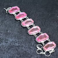 Bracelet chaîne en pierre précieuse de kunzite rose facettée en forme de cercueil, plaqué argent, unisexe, bijoux ethniques classiques, cadeau de mariage