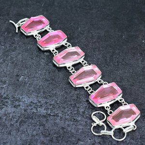 Bracelet chaîne en pierre précieuse de kunzite rose facettée en forme de cercueil, plaqué argent, unisexe, bijoux ethniques classiques, cadeau de mariage - Product Image 2