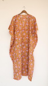 Vintage <b>Boho</b> Floral Block Print Orange Kaftan <b>Dress</b> With Tie Back Loose Fit Short Sleeve Cotton <b>Summer</b> Long <b>Dress</b> - Product Image 2
