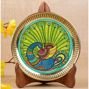 Round Metal Decorative Tray Handpainted Oriental Design With Cows And Lotus Pattern <b>Pink</b> Blue Background Gold Rim - Product Image 6