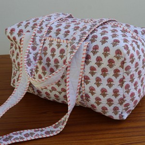 Handmade Cotton Quilted Duffle Bag With Floral Print And Striped Handles <b>Large</b> Capacity Travel Weekender Bag - Product Image 1