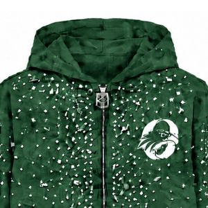 Sudadera con capucha verde bosque personalizada con cremallera completa y perlas, chaqueta streetwear con perlas incrustadas, sudadera con capucha de manga larga con bolsillos delanteros - Product Image 3