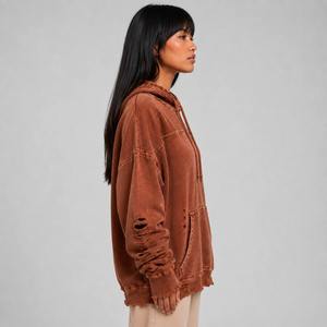 Sweat-shirt à capuche décontracté coupe oversize pour femme, coupe-vent, couleur unie, en coton lavé et fibre de bambou tricotée, hiver - Product Image 2