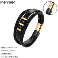 Nouveaux bracelets en cuir véritable à 3 couches, style géométrique tendance noir et or, fermoir magnétique en acier inoxydable pour hommes, accessoires de bijoux