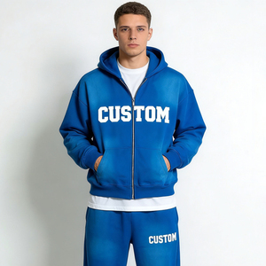 เสื้อฮู้ดดี้ผู้ชายสีน้ำเงินเทรนดี้ ลายมัดย้อม ซิปยาว ทรงโอเวอร์ไซส์ พิมพ์ลายตัวอักษร สวมใส่สบาย สไตล์ลำลอง สตรีทแวร์ - Product Image 1