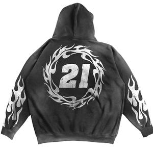 Comprar ropa de calle personalizada parche de socorro pantalones de chándal acampanados y conjunto de Sudadera con capucha lavado ácido sudaderas con cremallera conjunto de chándal de los hombres - Product Image 5