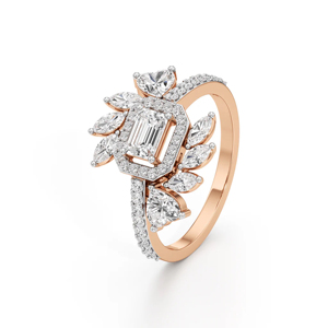 Anillo de Compromiso con Flor de Diamante Corte Esmeralda en Oro Rosa, Joyería Fina Romántica para Mujer - Product Image 1