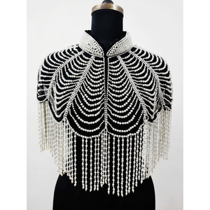 Ellora White Pearl Beaded Nylon Shoulder Cape with Fringe Tassels Women Evening Party <b>Wedding</b> Collar Overlay Fashion <b>Accessory</b> - Product Image 1