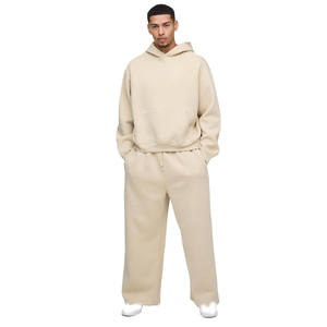 Ensemble survêtement homme beige uni avec sweat à capuche oversize et pantalon large assorti – Vêtements OEM ODM en gros - Product Image 1