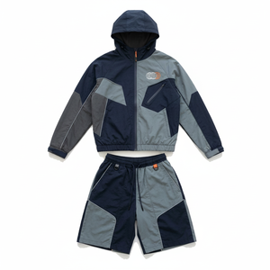 <b>Men</b> Color Blocking Tracksuit Hooded <b>Jacket</b> Shorts Set Breathable Polyester Casual Autumn Wear Regular Fit Drawstring Closure - Product Image 1