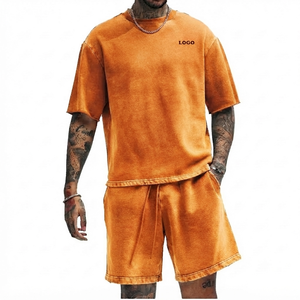 Ensembles courts pour hommes en molleton 100% coton, délavés à l'acide, unis et simples, à épaules tombantes, confortables pour l'été - Product Image 3