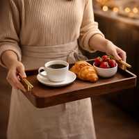 Plateau de service en bois avec poignées métalliques pour un transport facile du thé, du café et des collations - pour le Ramadan et les célébrations de mariage