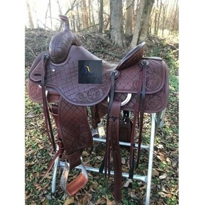 Selle de cheval Western en cuir marron pour barrel racing, motif floral et tressé, siège rigide, sangles latigo, avec kit de harnais, 10-18 pouces - Product Image 1