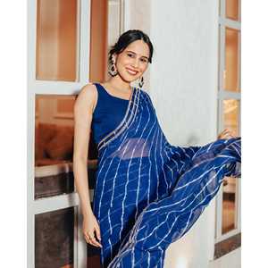 Magnifique sari en mousseline de soie bleu Leheriya, design de créateur, pour fêtes et mariages, haute qualité, taille unique, vente en gros - Product Image 3