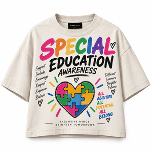 T-shirt court pour femme Global Stitch, imprimé sensibilisation à l'éducation spéciale, coupe décontractée ample, col rond, manches courtes, 100% coton jersey - Product Image 1
