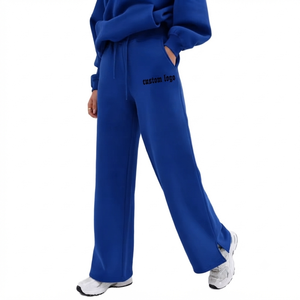 Pantalon de survêtement large en molleton bleu pour femme, taille élastiquée avec cordon de serrage, coupe décontractée, longueur intégrale, en polyester/coton écologique - Product Image 1
