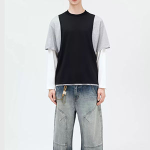 T-shirts personnalisés à manches longues double couche, coupe oversize à épaules tombantes pour hommes, avec blocs de couleur - Product Image 1
