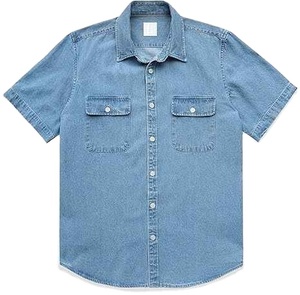 Chemise en jean décontractée à manches courtes pour homme, bleu clair, 100% coton, boutonnée - Product Image 1