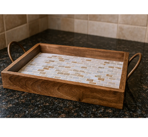 Bandeja de madera y nácar hecha a medida, rectangular, para mesa, con detalles decorativos, a precio económico. - Product Image 2