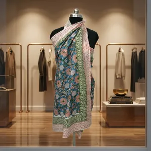 Hand Block Printed Cotton <b>Sarong</b> Teal Floral Beach Wrap Scarf Lightweight Summer Cover Up for Women Resort Travel Wear - Product Image 1