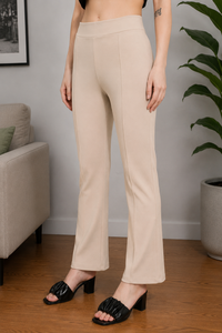 High <b>Waist</b> Straight Leg Pants Women Beige Knitted <b>Elastic</b> <b>Waist</b> Casual Ankle-Length Autumn Solid Color Regular Fit <b>Trouser</b> - Product Image 1