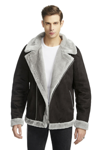 Men's Black PU Leather Eco-Friendly Motorcycle <b>Jacket</b> <b>with</b> Sherpa <b>Lining</b> Zipper Closure High Street Moto Biker Style Winter Wear - Product Image 1