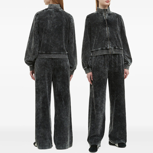 Survêtement gris en velours délavé pour femme, manches longues, col montant, fermeture éclair sur le devant, coupe ample, pantalon large, couleur unie, décontracté, OEM - Product Image 6