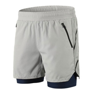 Pantalones Cortos Deportivos Grises para Hombre con Bolsillos con Cierre, Cintura Alta Elástica, Secado Rápido, Spandex, Poliéster - Product Image 2