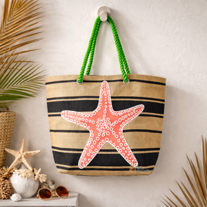 Eco-Friendly Jute Tote <b>Bag</b> with Starfish Print & Green Rope Handles | <b>Large</b> Durable Shoulder <b>Bag</b> for <b>Beach</b> Travel Shopping Use - Product Image 3