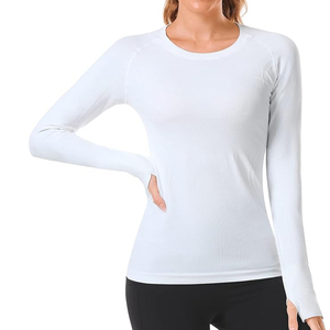 Camiseta de Yoga de Manga Larga Blanca para Mujer, Cuello Redondo, Color Sólido, Transpirable, Ropa Deportiva, Corte Regular, Manga Completa - Product Image 3
