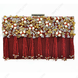 Wholesale Handmade Velvet Beaded Clutch Luxury Pearl Crystal Evening <b>Bag</b> Tassel Bridal Wedding <b>Party</b> Purse OEM ODM - Product Image 1