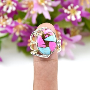 Handmade Cotton Candy Turquoise Gemstone <b>Ring</b> <b>Adjustable</b> Boho Oval Shape <b>Ring</b> 925 Sterling Silver Artisan Jewelry For Women - Product Image 1