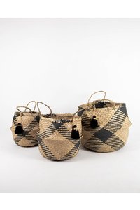 <b>Foldable</b> Black Striped Seagrass Belly <b>Basket</b> with Tassel and Handle – Multifunctional Boho Vintage Storage Tote for Home Decor - Product Image 3