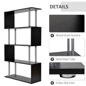 Libreria a 5 Ripiani a Forma di S in Legno, Scaffale Decorativo Moderno per Casa e Ufficio, Colore Nero - Product Image 6