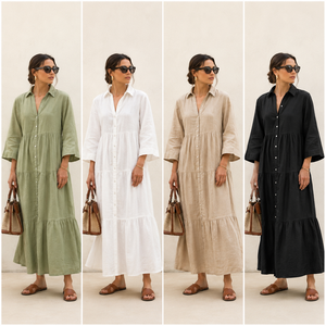 100% Cotton Handmade Simple Maxi <b>Dress</b> for Women Summer Casual Tiered Button Shirt Short Sleeve Collared Neck <b>Loose</b> Beach Long - Product Image 3