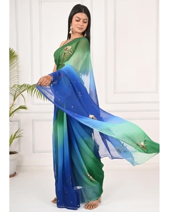 Sari floral KV émeraude et saphir avec chemisier non cousu - Product Image 3