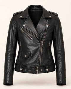 <b>Women's</b> Black Sheep Skin Moto Jacket Reversible Waterproof Zipper Closure <b>Belted</b> Waist Notched Collar Plus Size - Product Image 1