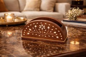 Handcrafted Wooden Napkin <b>Holder</b> Floral Inlay Pattern Decorative <b>Tissue</b> Organizer Tabletop Dining <b>Kitchen</b> Display Stand - Product Image 2