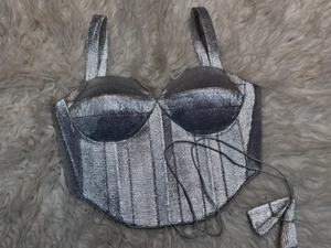 Metallic Silver Woven <b>Satin</b> Minimalist Corset <b>Blouse</b> for Saree Wedding Spring/Summer Sleeveless - Product Image 3