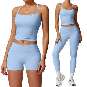 Ensemble de vêtements de sport pour femmes, 5 pièces, bleu, extensible, débardeur et leggings, vêtements de fitness décontractés, coupe ajustée, logo sur le devant, recyclable - Product Image 4