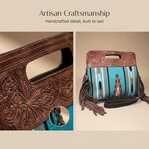Sac bandoulière en cuir pour femme, style bohème western, sacoche turquoise à motifs aztèques, sac à franges vintage - Product Image 3